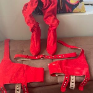Three-piece kneehigh garter belt boots by azalea Wang in red
